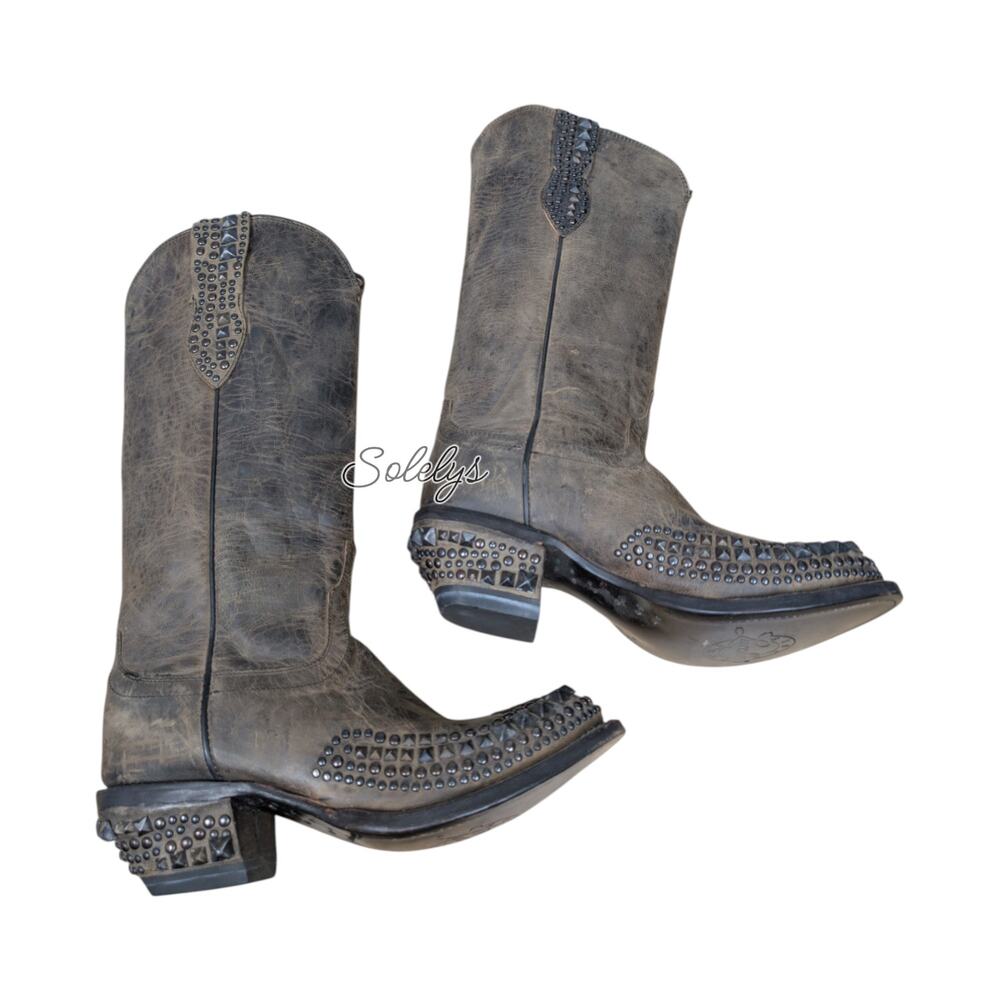 Lucchese RARE Mad Dog Wingtip Studded Grey Distressed Western Cowgirl Boots 7.5B - Picture 11 of 11
